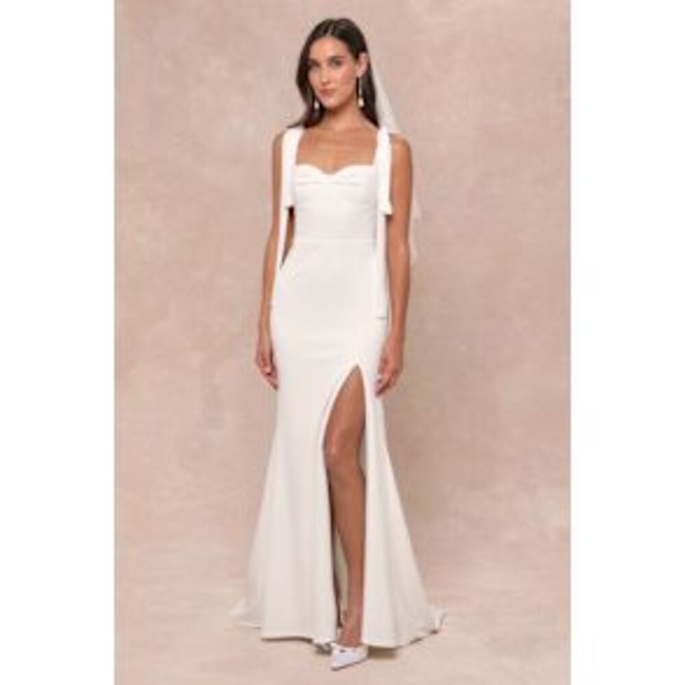 Lulu's White Strap Tie Sweetheart Gown with High Slit